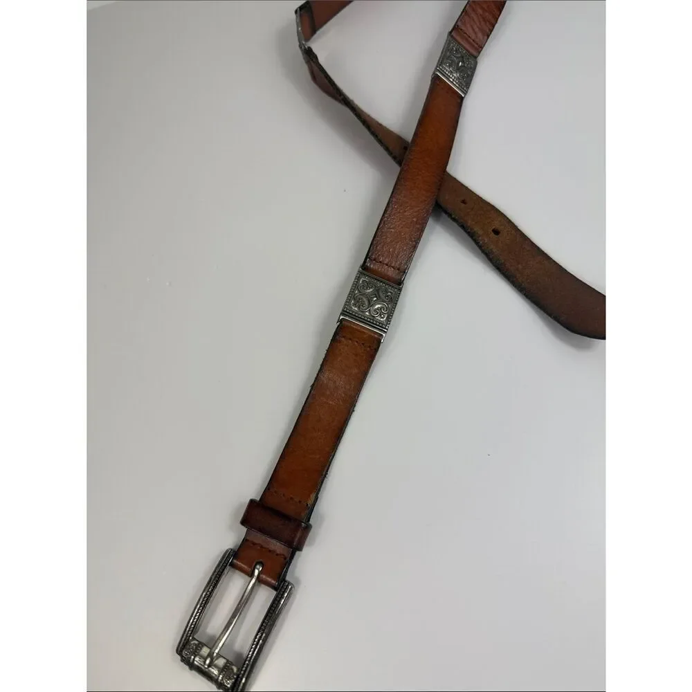 Vintage Brown Leather Belt Ornate Silver Buckle Metal Accents Size S/M